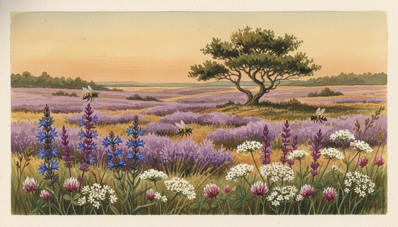 Bienen und Wildbienen in Bad Fallingbostel (Niedersachsen) — Aquarell-Illustration der lokalen Habitate