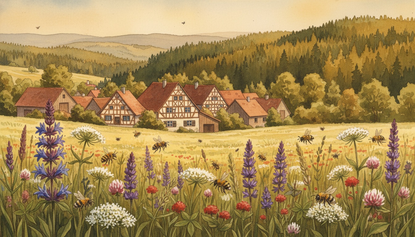 Bienen und Wildbienen in Bad Hersfeld (Hessen) — Aquarell-Illustration der lokalen Habitate
