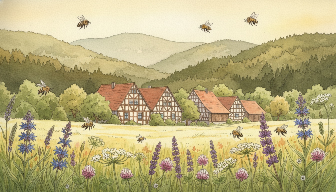 Bienen und Wildbienen in Bad Homburg vor der Höhe (Hessen) — Aquarell-Illustration der lokalen Habitate