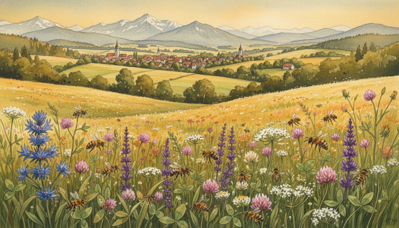 Bienen und Wildbienen in Bad Kissingen (Bayern) — Aquarell-Illustration der lokalen Habitate