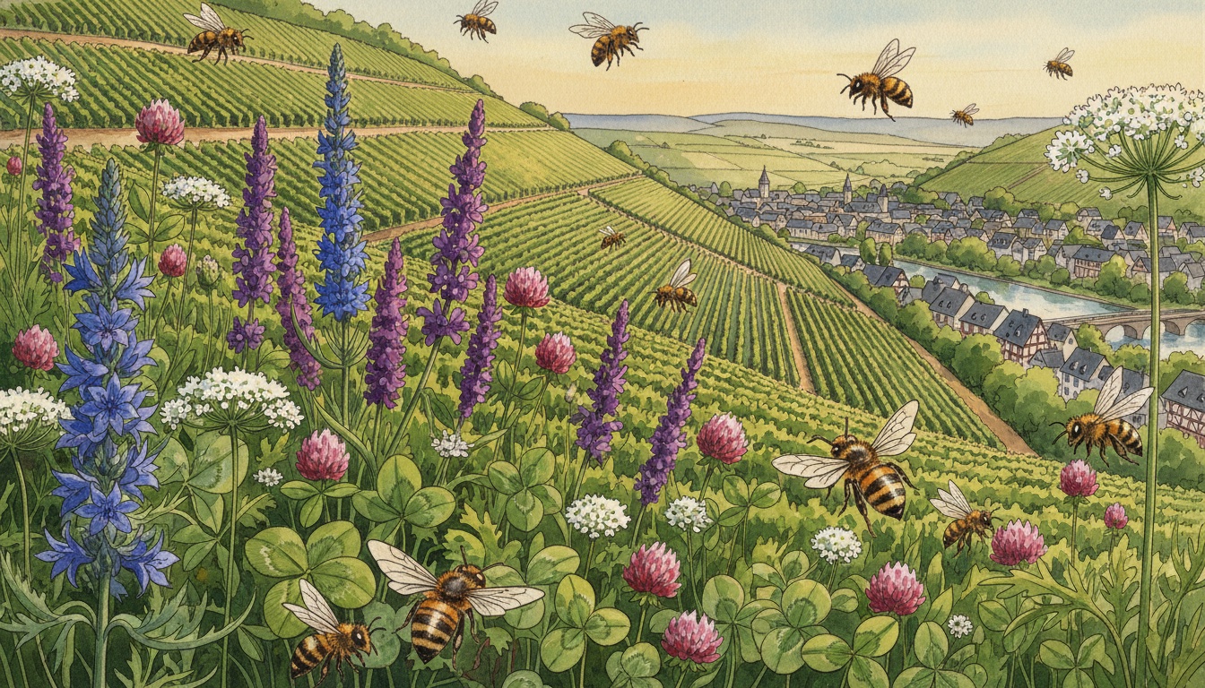 Bienen und Wildbienen in Bad Kreuznach (Rheinland-Pfalz) — Aquarell-Illustration der lokalen Habitate