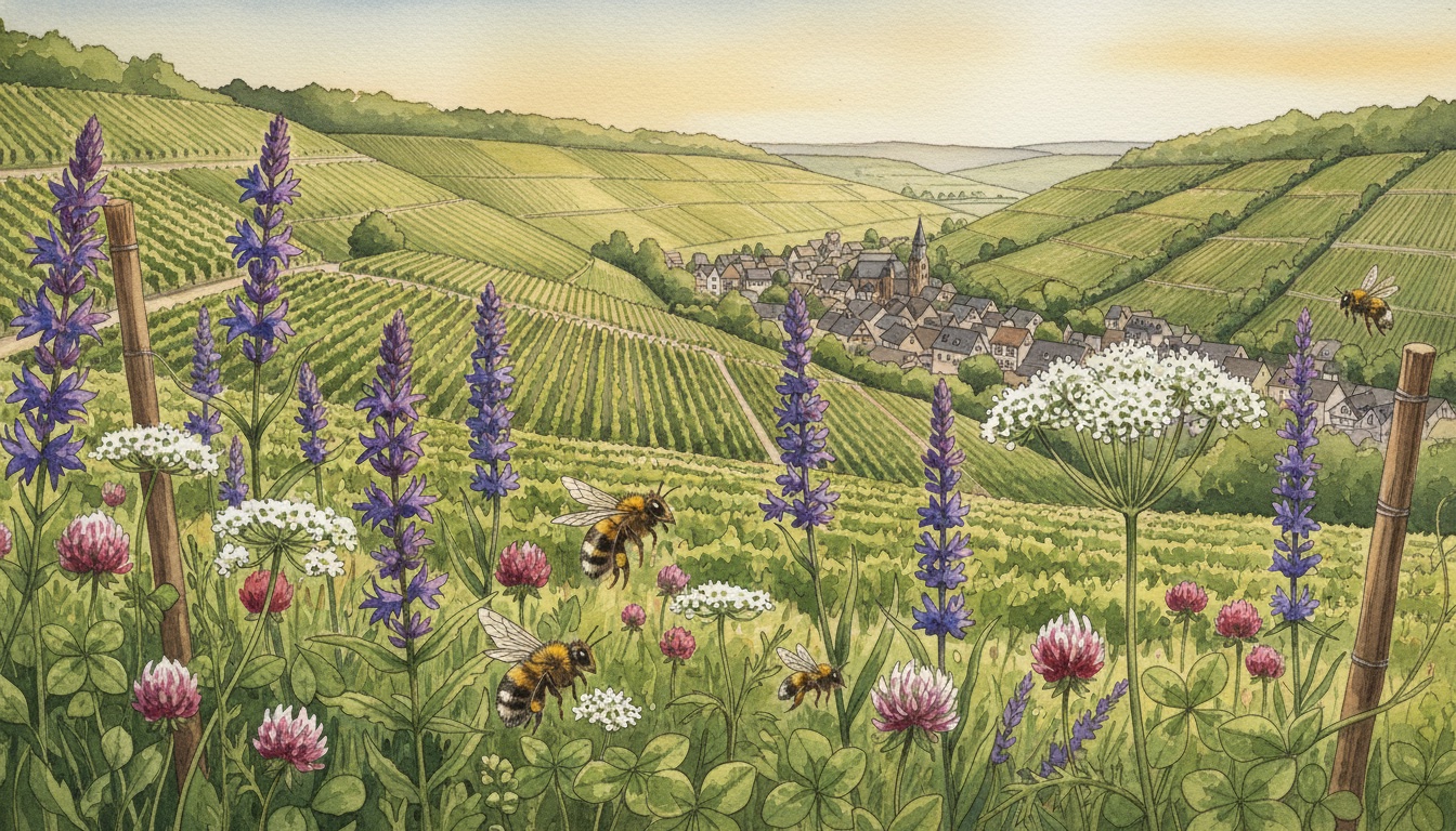 Bienen und Wildbienen in Bad Neuenahr-Ahrweiler (Rheinland-Pfalz) — Aquarell-Illustration der lokalen Habitate