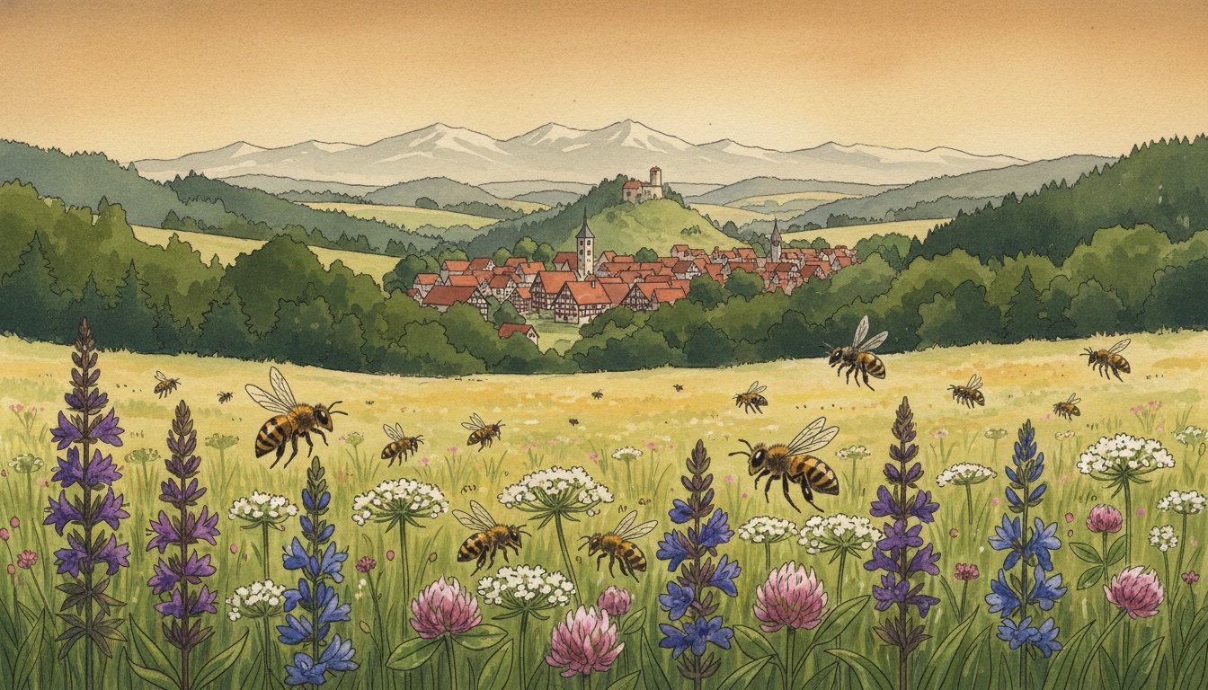 Bienen und Wildbienen in Bad Neustadt an der Saale (Bayern) — Aquarell-Illustration der lokalen Habitate