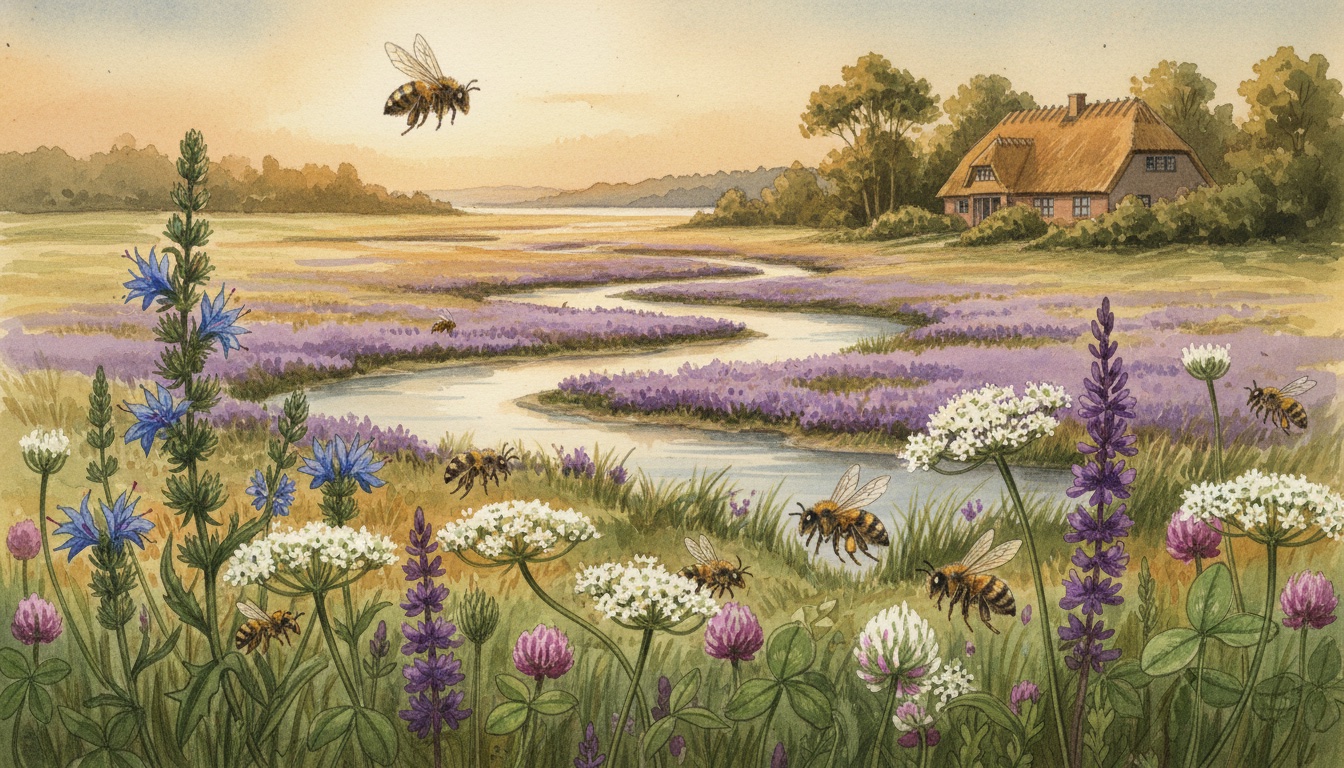 Bienen und Wildbienen in Bad Oldesloe (Schleswig-Holstein) — Aquarell-Illustration der lokalen Habitate