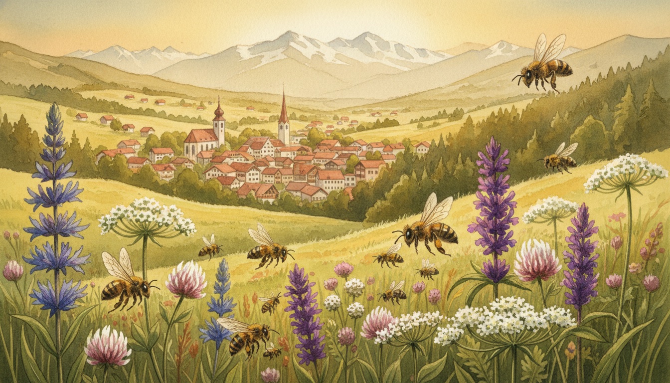 Bienen und Wildbienen in Bad Reichenhall (Bayern) — Aquarell-Illustration der lokalen Habitate