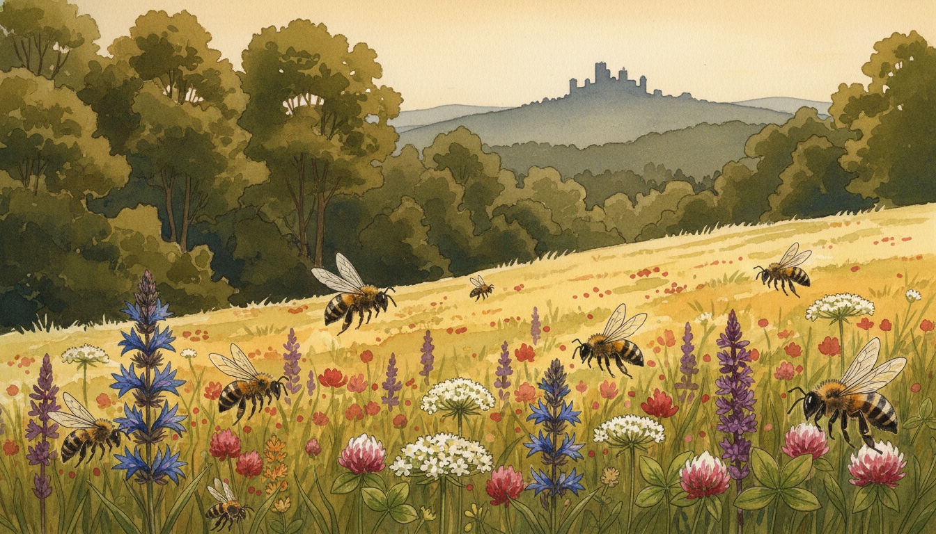 Bienen und Wildbienen in Bad Salzungen (Thüringen) — Aquarell-Illustration der lokalen Habitate