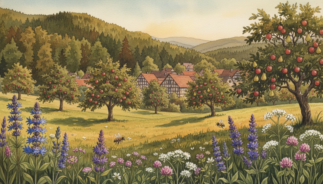 Bienen und Wildbienen in Bad Schwalbach (Hessen) — Aquarell-Illustration der lokalen Habitate