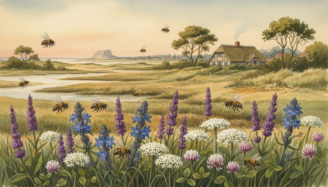 Bienen und Wildbienen in Bad Segeberg (Schleswig-Holstein) — Aquarell-Illustration der lokalen Habitate