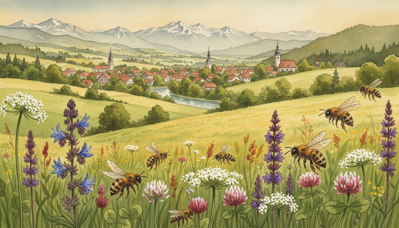 Bienen und Wildbienen in Bad Tölz (Bayern) — Aquarell-Illustration der lokalen Habitate