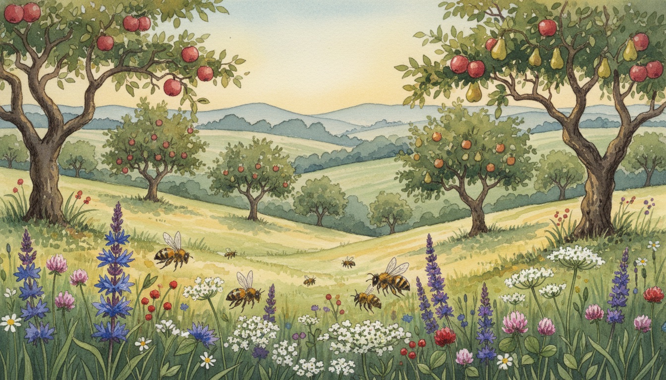 Bienen und Wildbienen in Baden-Baden (Baden-Württemberg) — Aquarell-Illustration der lokalen Habitate