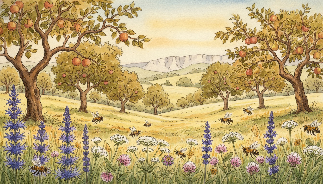 Bienen und Wildbienen in Balingen (Baden-Württemberg) — Aquarell-Illustration der lokalen Habitate