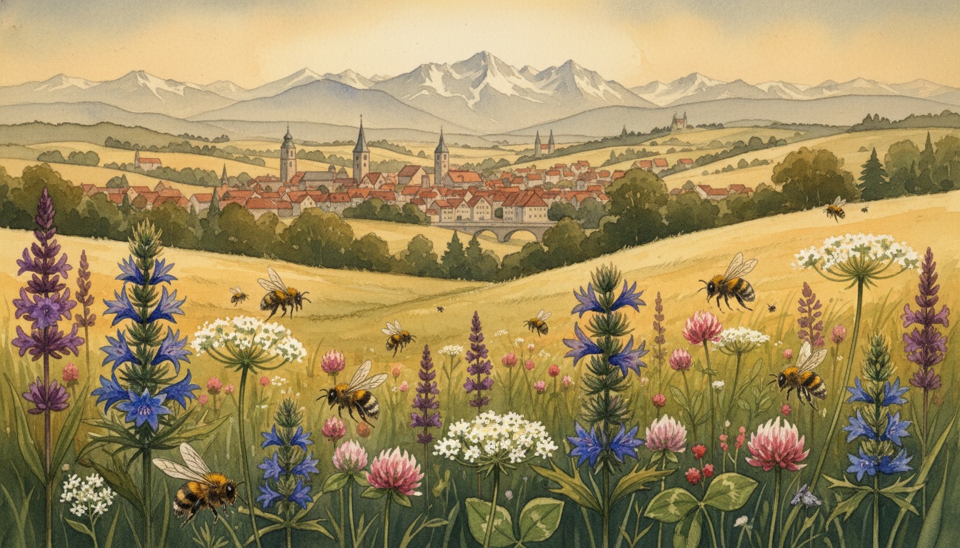Bienen und Wildbienen in Bamberg (Bayern) — Aquarell-Illustration der lokalen Habitate