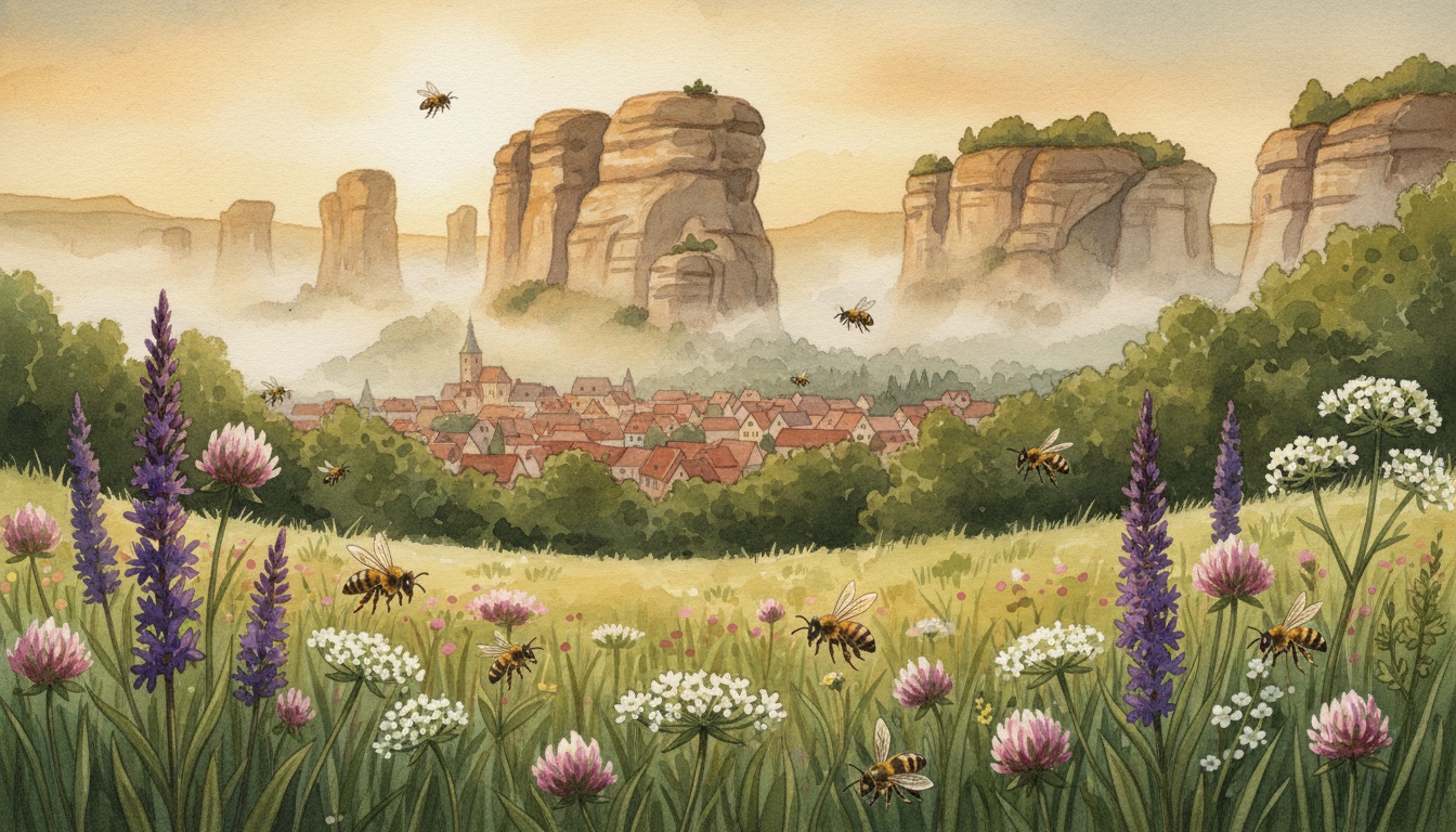 Bienen und Wildbienen in Bautzen (Sachsen) — Aquarell-Illustration der lokalen Habitate