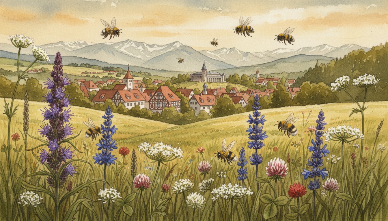 Bienen und Wildbienen in Bayreuth (Bayern) — Aquarell-Illustration der lokalen Habitate