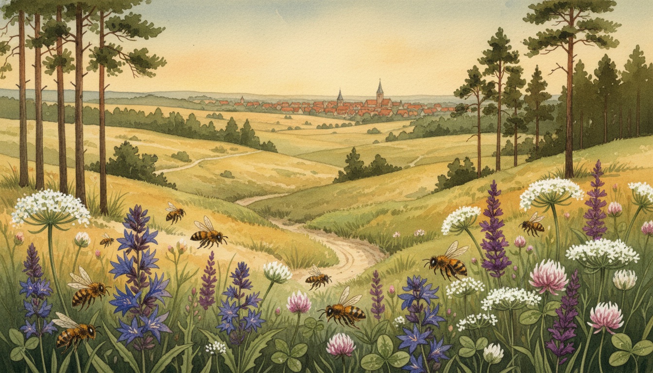 Bienen und Wildbienen in Beeskow (Brandenburg) — Aquarell-Illustration der lokalen Habitate