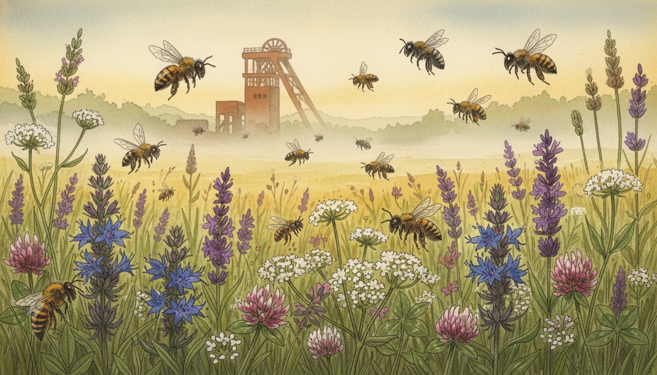 Bienen und Wildbienen in Bergheim (Nordrhein-Westfalen) — Aquarell-Illustration der lokalen Habitate