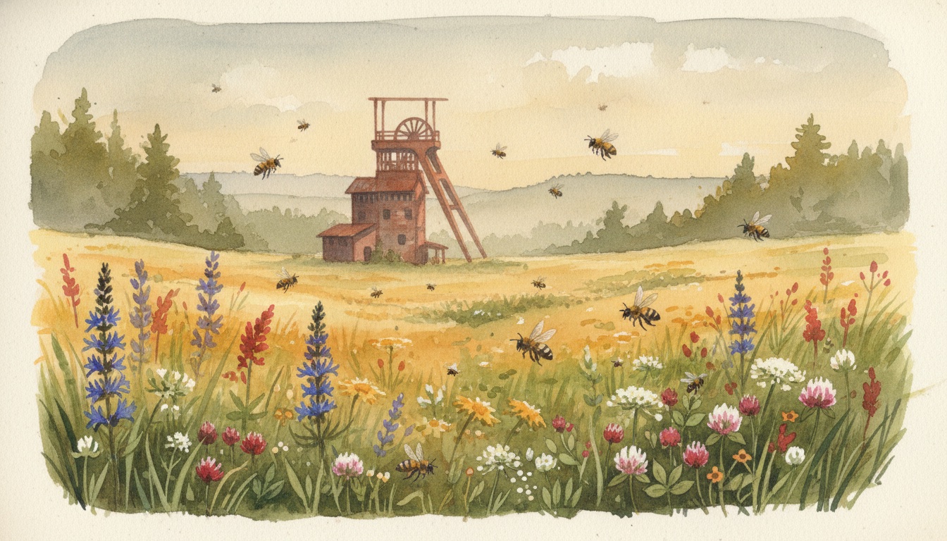 Bienen und Wildbienen in Bergisch Gladbach (Nordrhein-Westfalen) — Aquarell-Illustration der lokalen Habitate