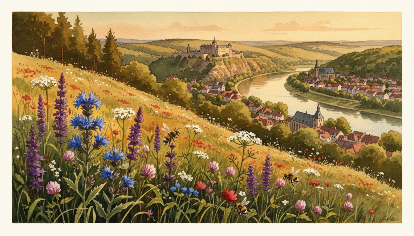 Bienen und Wildbienen in Bernburg (Saale) (Sachsen-Anhalt) — Aquarell-Illustration der lokalen Habitate
