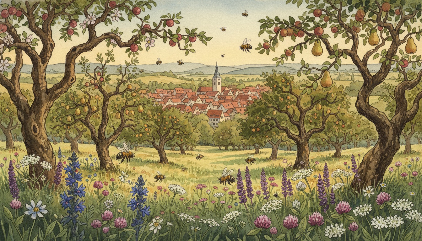 Bienen und Wildbienen in Biberach an der Riß (Baden-Württemberg) — Aquarell-Illustration der lokalen Habitate
