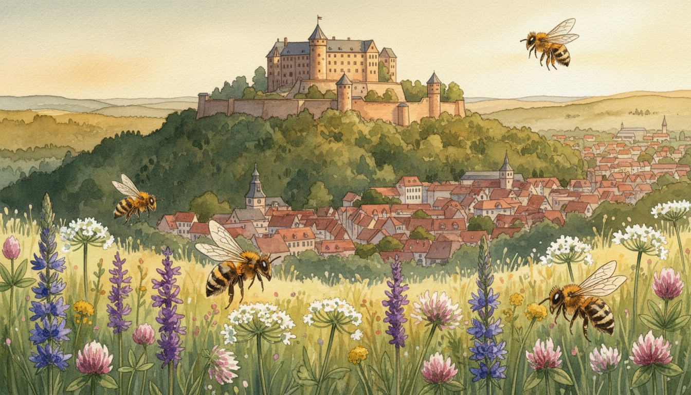 Bienen und Wildbienen in Bielefeld (Nordrhein-Westfalen) — Aquarell-Illustration der lokalen Habitate