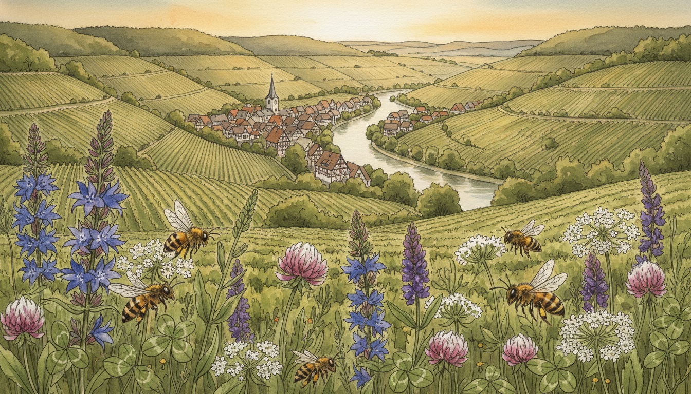 Bienen und Wildbienen in Birkenfeld (Rheinland-Pfalz) — Aquarell-Illustration der lokalen Habitate
