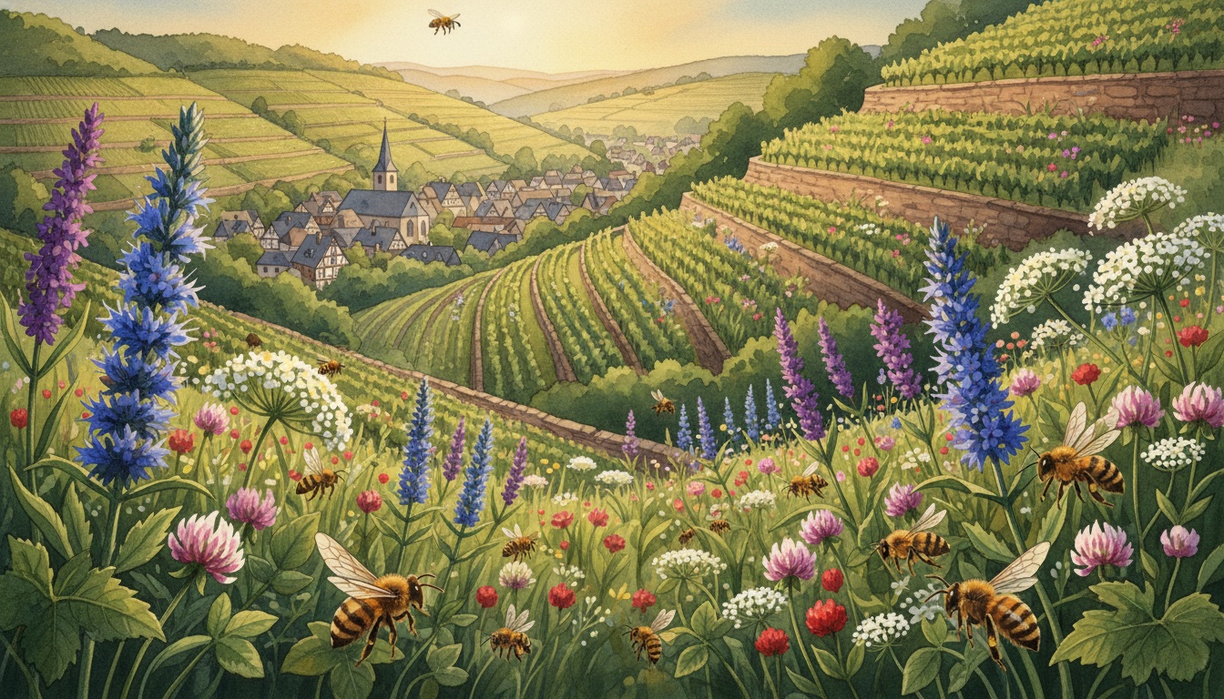 Bienen und Wildbienen in Bitburg (Rheinland-Pfalz) — Aquarell-Illustration der lokalen Habitate