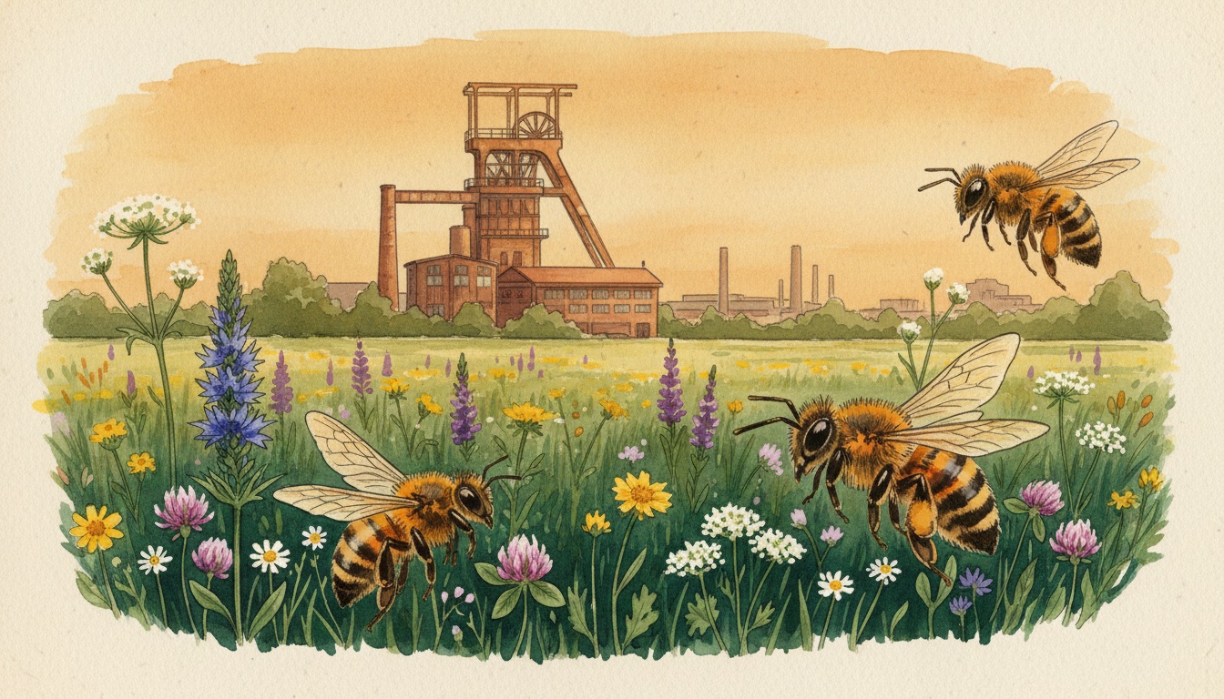Bienen und Wildbienen in Bochum (Nordrhein-Westfalen) — Aquarell-Illustration der lokalen Habitate
