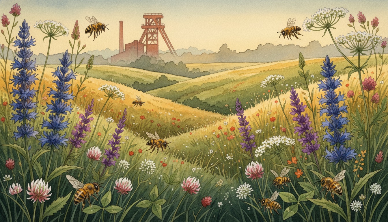 Bienen und Wildbienen in Bonn (Nordrhein-Westfalen) — Aquarell-Illustration der lokalen Habitate