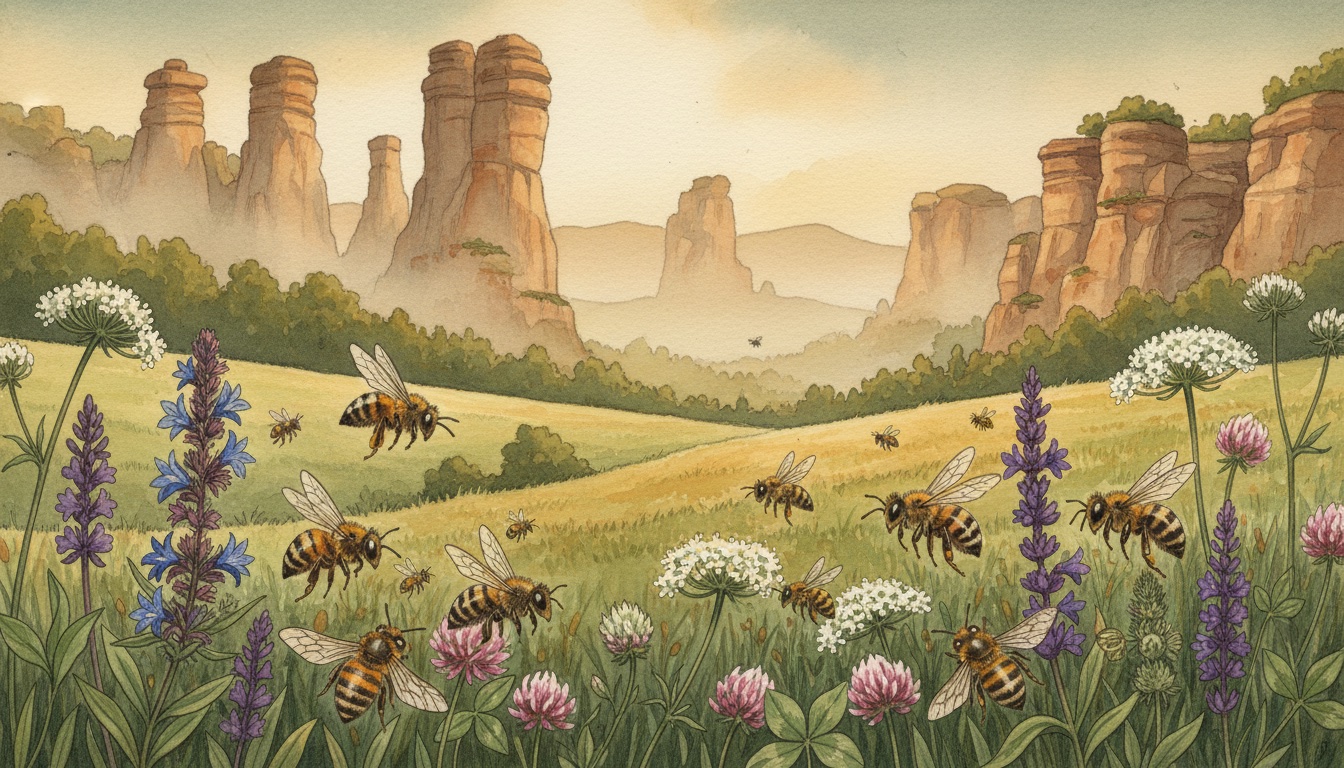 Bienen und Wildbienen in Borna (Sachsen) — Aquarell-Illustration der lokalen Habitate