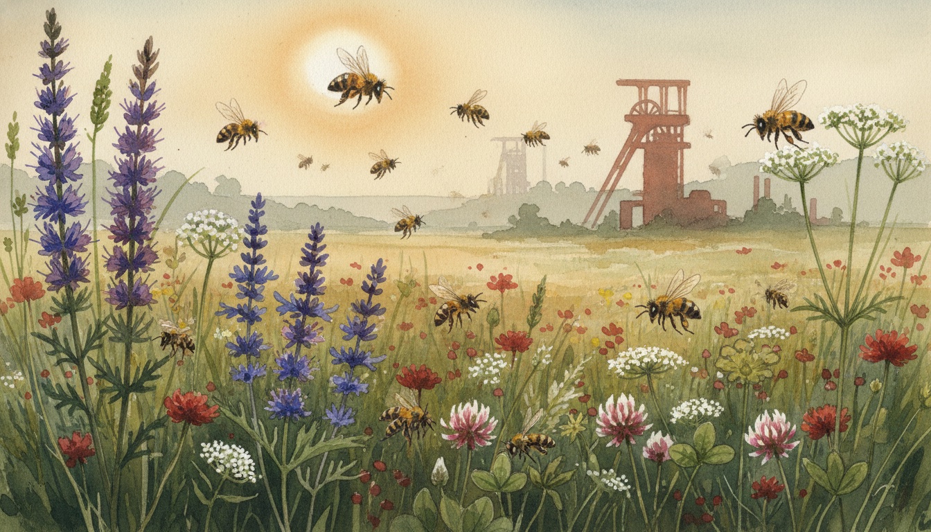 Bienen und Wildbienen in Bottrop (Nordrhein-Westfalen) — Aquarell-Illustration der lokalen Habitate