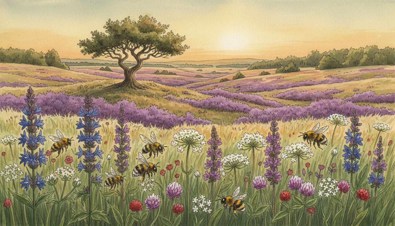 Bienen und Wildbienen in Brake (Niedersachsen) — Aquarell-Illustration der lokalen Habitate