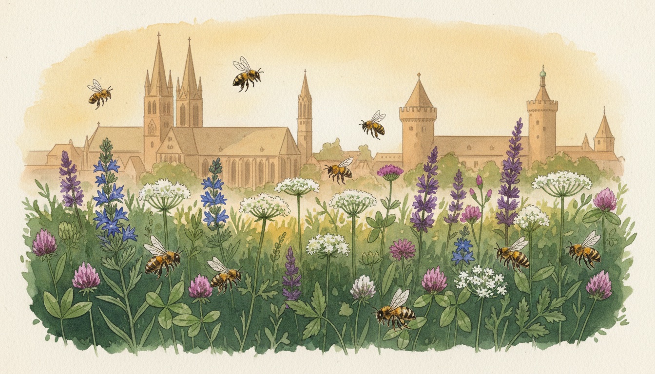Bienen und Wildbienen in Braunschweig (Niedersachsen) — Aquarell-Illustration der lokalen Habitate