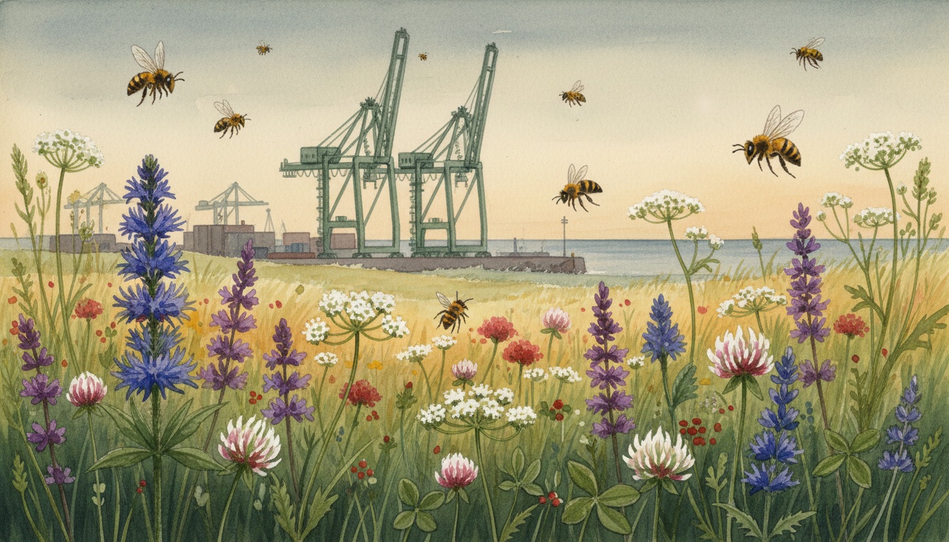 Bienen und Wildbienen in Bremerhaven (Bremen) — Aquarell-Illustration der lokalen Habitate
