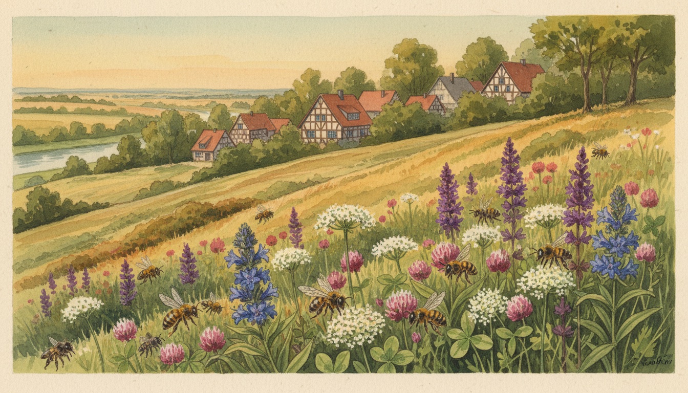 Bienen und Wildbienen in Burg (bei Magdeburg) (Sachsen-Anhalt) — Aquarell-Illustration der lokalen Habitate