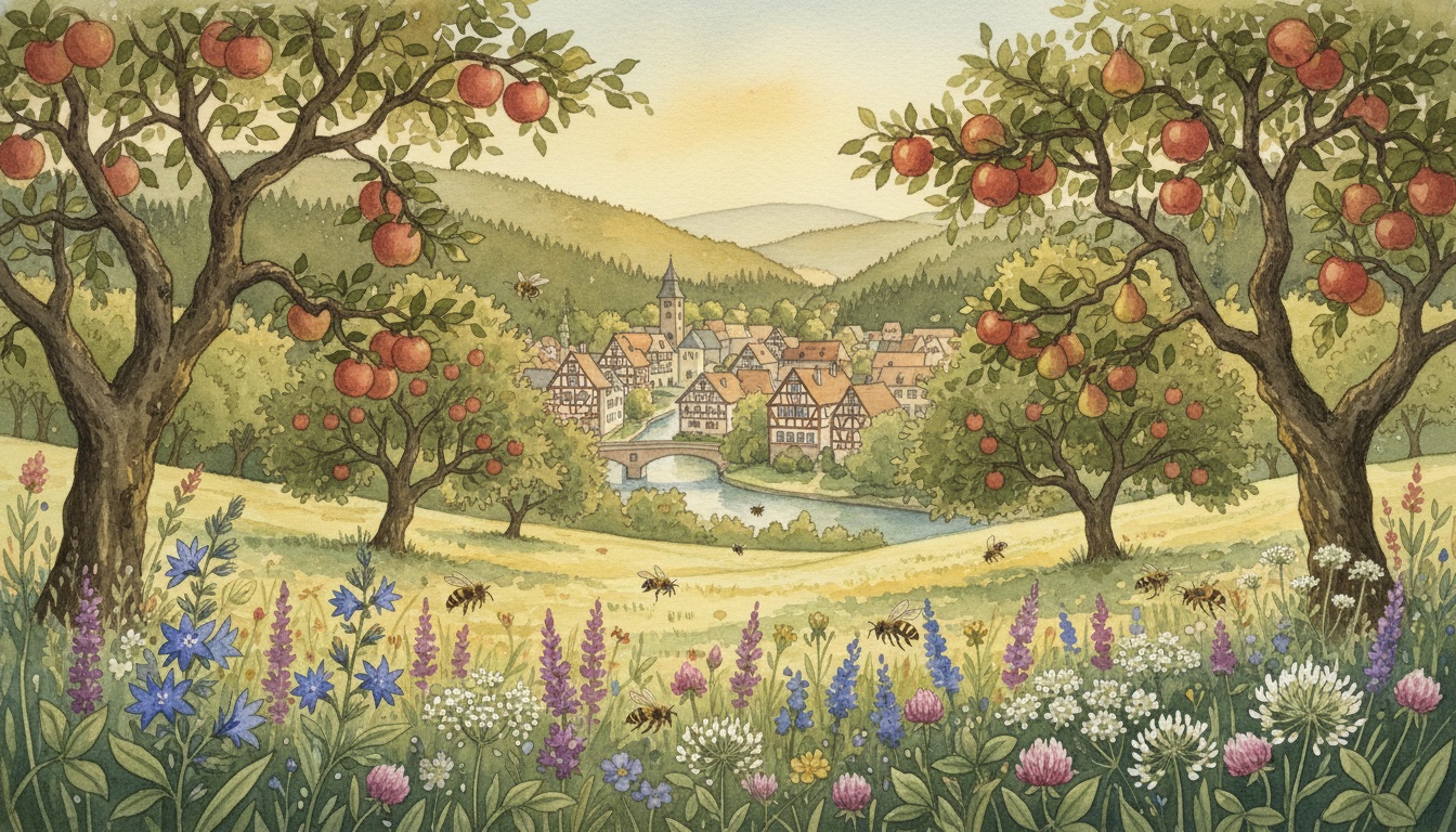 Bienen und Wildbienen in Calw (Baden-Württemberg) — Aquarell-Illustration der lokalen Habitate