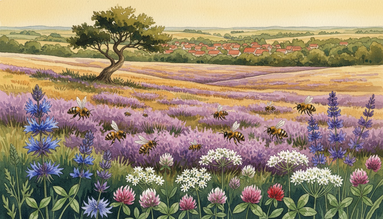 Bienen und Wildbienen in Cloppenburg (Niedersachsen) — Aquarell-Illustration der lokalen Habitate