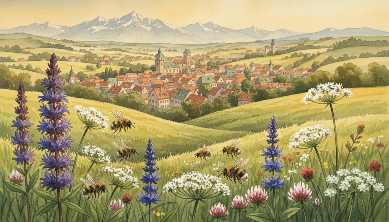Bienen und Wildbienen in Coburg (Bayern) — Aquarell-Illustration der lokalen Habitate