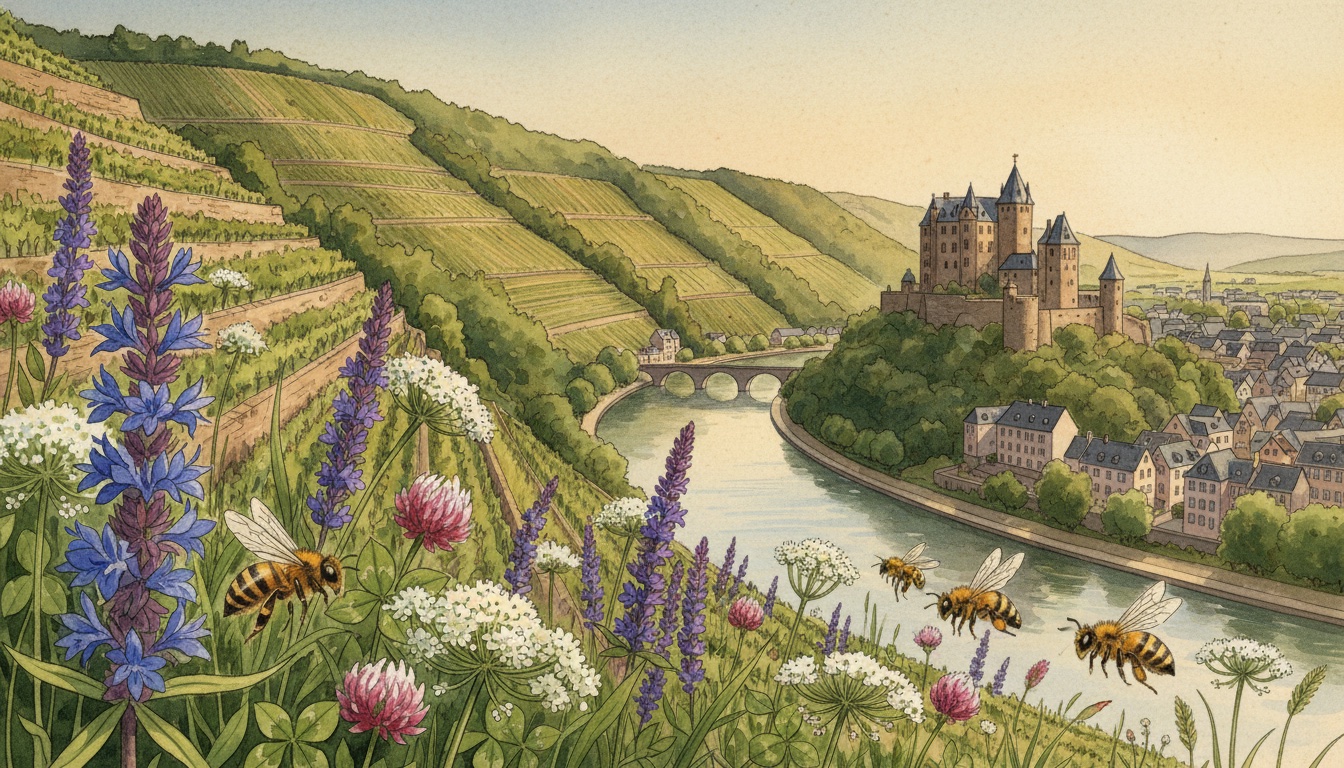 Bienen und Wildbienen in Cochem (Rheinland-Pfalz) — Aquarell-Illustration der lokalen Habitate