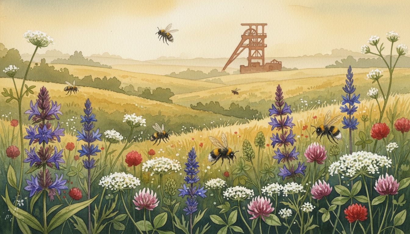 Bienen und Wildbienen in Coesfeld (Nordrhein-Westfalen) — Aquarell-Illustration der lokalen Habitate