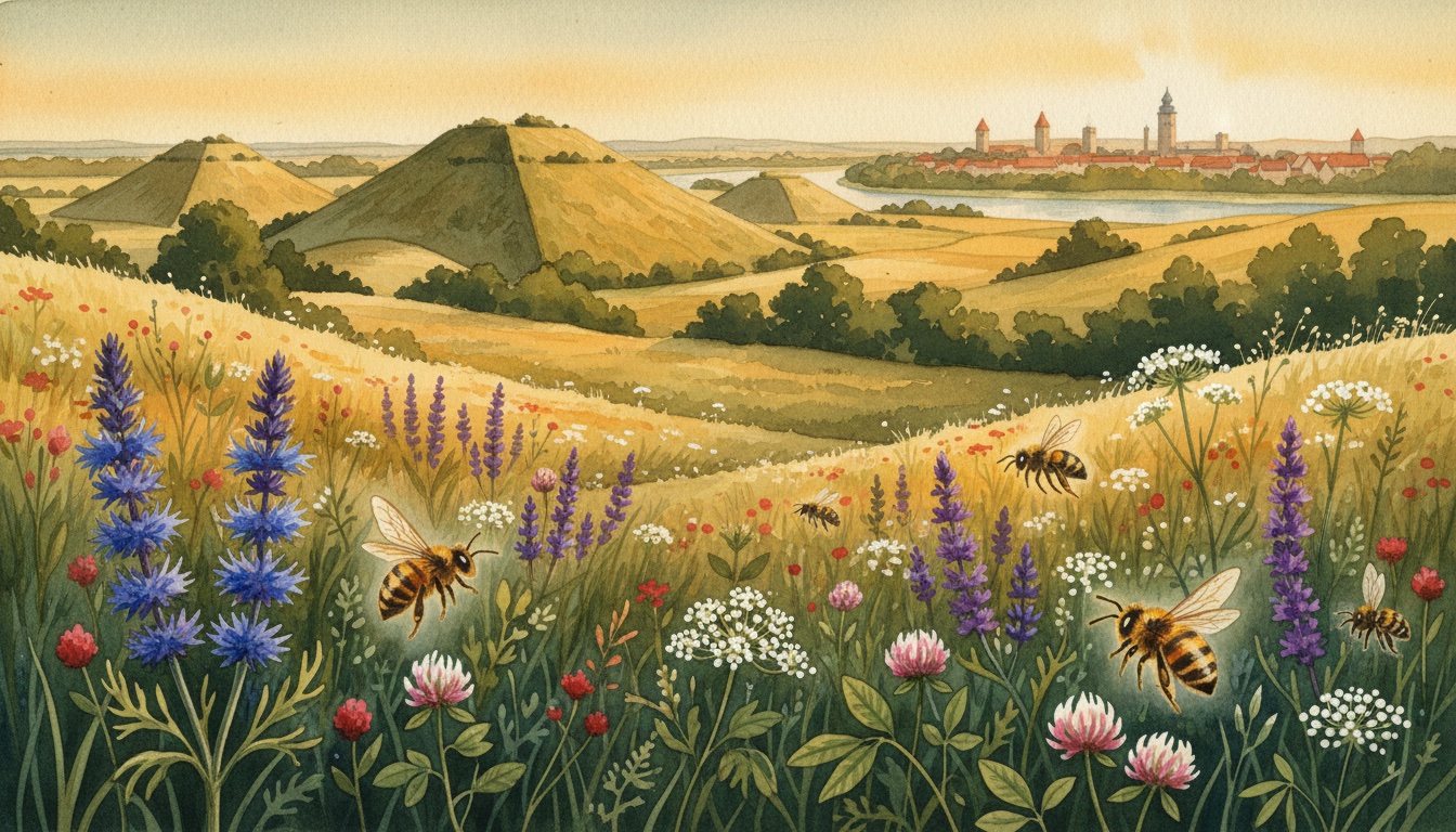 Bienen und Wildbienen in Cottbus (Brandenburg) — Aquarell-Illustration der lokalen Habitate