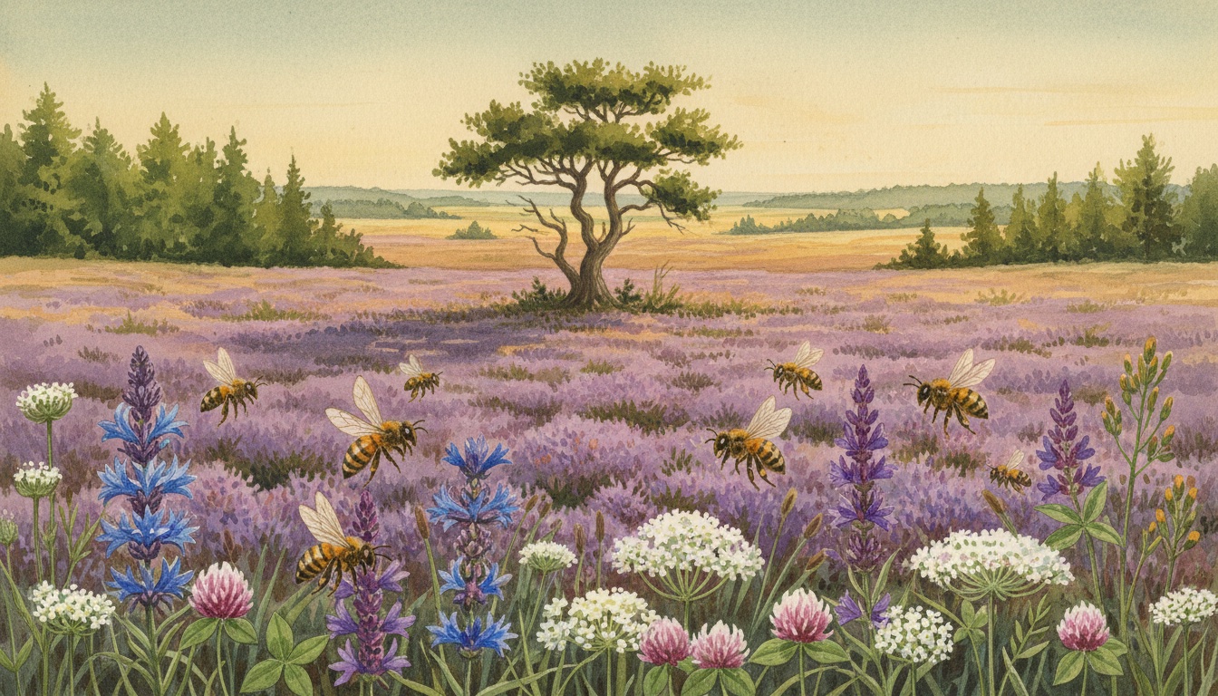 Bienen und Wildbienen in Cuxhaven (Niedersachsen) — Aquarell-Illustration der lokalen Habitate