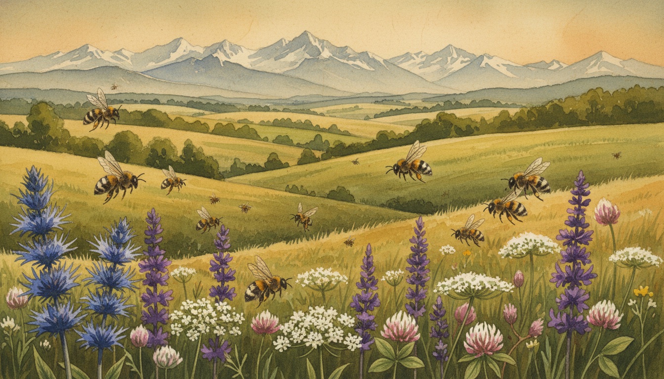 Bienen und Wildbienen in Dachau (Bayern) — Aquarell-Illustration der lokalen Habitate