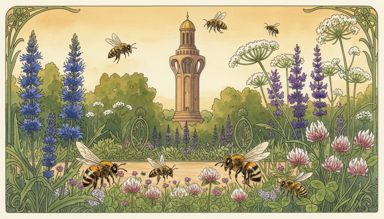 Bienen und Wildbienen in Darmstadt (Hessen) — Aquarell-Illustration der lokalen Habitate