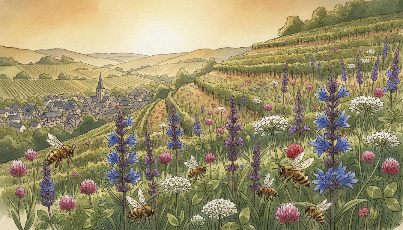 Bienen und Wildbienen in Daun (Rheinland-Pfalz) — Aquarell-Illustration der lokalen Habitate