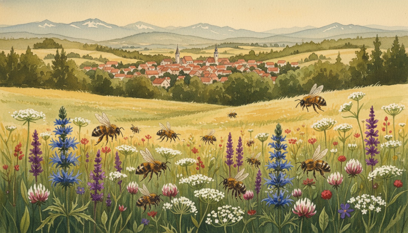 Bienen und Wildbienen in Deggendorf (Bayern) — Aquarell-Illustration der lokalen Habitate