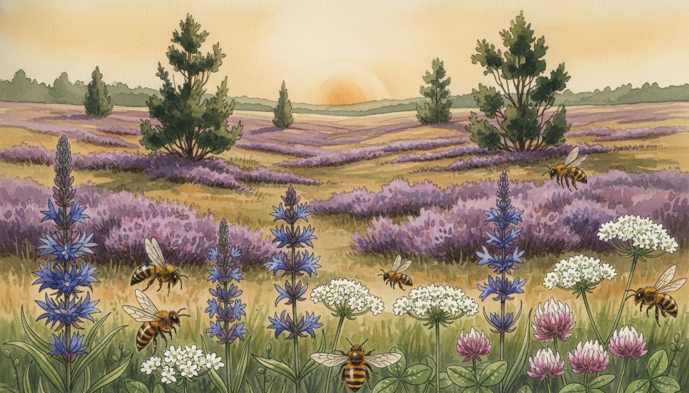 Bienen und Wildbienen in Delmenhorst (Niedersachsen) — Aquarell-Illustration der lokalen Habitate