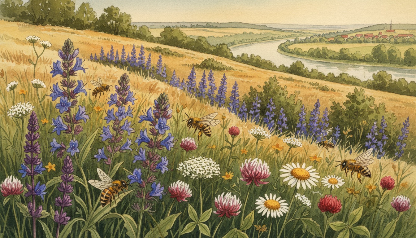 Bienen und Wildbienen in Dessau-Roßlau (Sachsen-Anhalt) — Aquarell-Illustration der lokalen Habitate