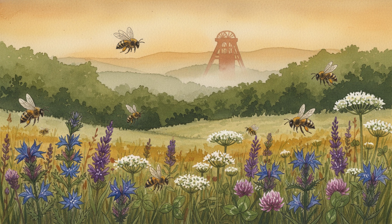 Bienen und Wildbienen in Detmold (Nordrhein-Westfalen) — Aquarell-Illustration der lokalen Habitate