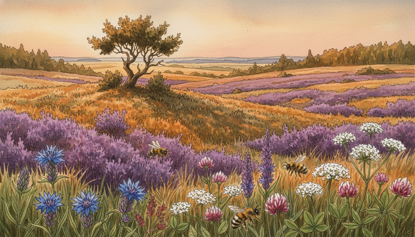 Bienen und Wildbienen in Diepholz (Niedersachsen) — Aquarell-Illustration der lokalen Habitate