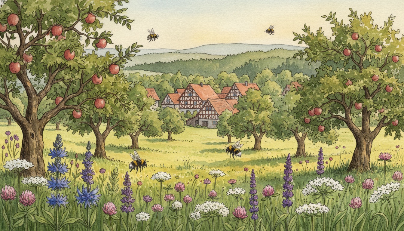 Bienen und Wildbienen in Dietzenbach (Hessen) — Aquarell-Illustration der lokalen Habitate